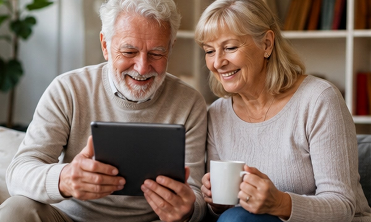 Cuplu de seniori folosind împreună o tabletă